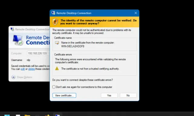 Finestra di dialogo "Connessione Desktop remoto" con avviso di certificato non attendibile per l'IP 192.168.226.133.