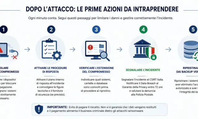 Ecco cosa succede ad un PC colpito da ransomware: isola i sistemi, attiva le procedure, verifica l'estensione, segnala l'incidente e ripristina dai backup.