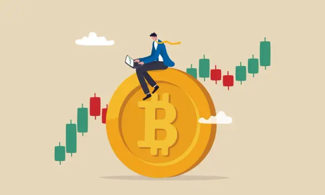 Uomo d'affari su una moneta Bitcoin, con grafici di criptovalute che indicano un valore di 5.000 euro.