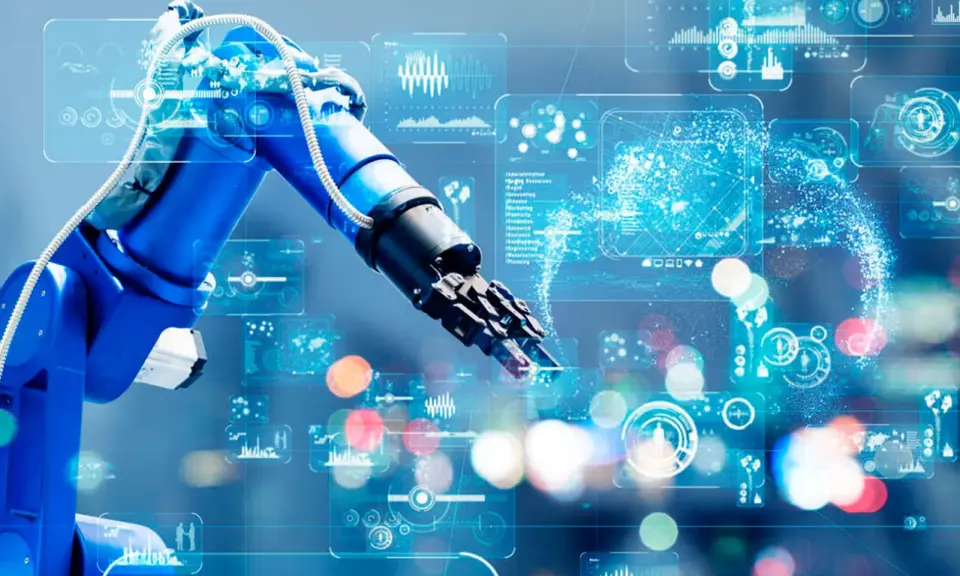 Braccio robotico blu interagisce con interfacce digitali futuristiche, simboleggiando il piano transizione 4.0 e l'automazione industriale.