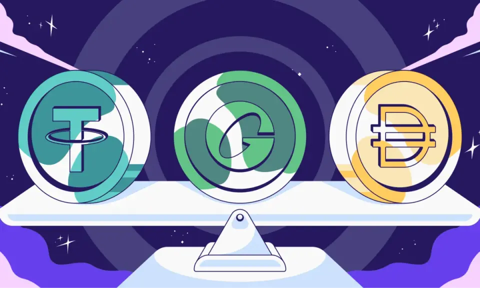 Bilancia con tre monete digitali: Tether, Gemini Dollar e DAI. Capire cosa sono gli stablecoin è fondamentale per navigare nel mondo crypto.