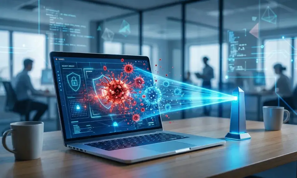 Schermo di un laptop mostra un'interfaccia di sicurezza con virus digitali. Un fascio di luce blu colpisce i virus, simboleggiando la protezione. Capire cos'è un rootkit è fondamentale per la cybersecurity.