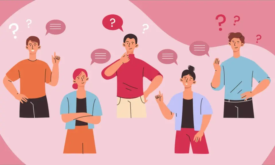Persone pensierose con punti interrogativi e fumetti, un'illustrazione che evoca la ricerca di risposte e la **seo semantica**.