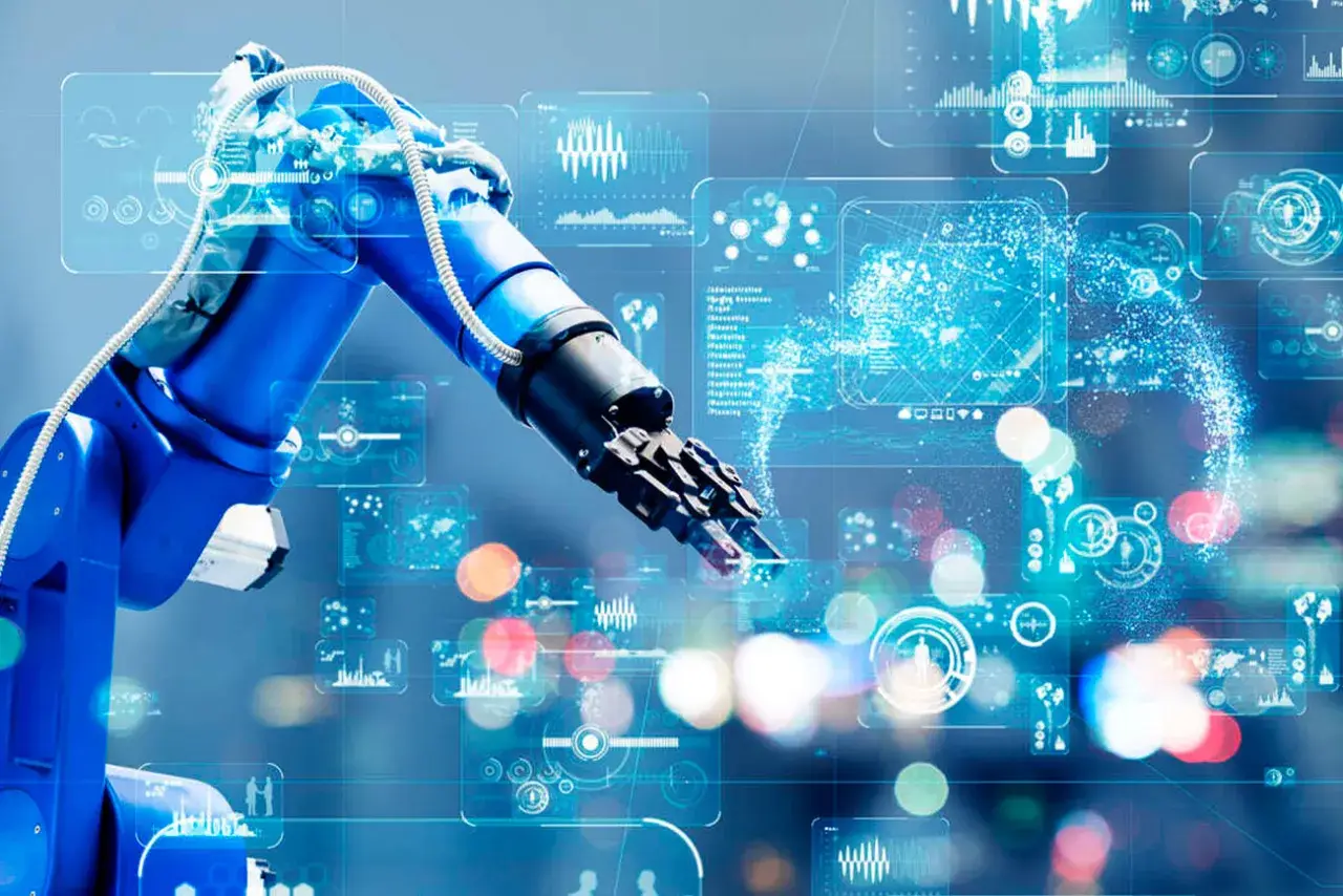 Braccio robotico blu interagisce con interfacce digitali futuristiche, simboleggiando il piano transizione 4.0 e l'automazione industriale.