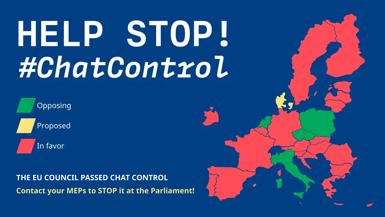Mappa UE con stati colorati: rosso (favorevoli), verde (contrari), giallo (proposti). #ChatControl EU: contatta i tuoi MEP per fermarlo!