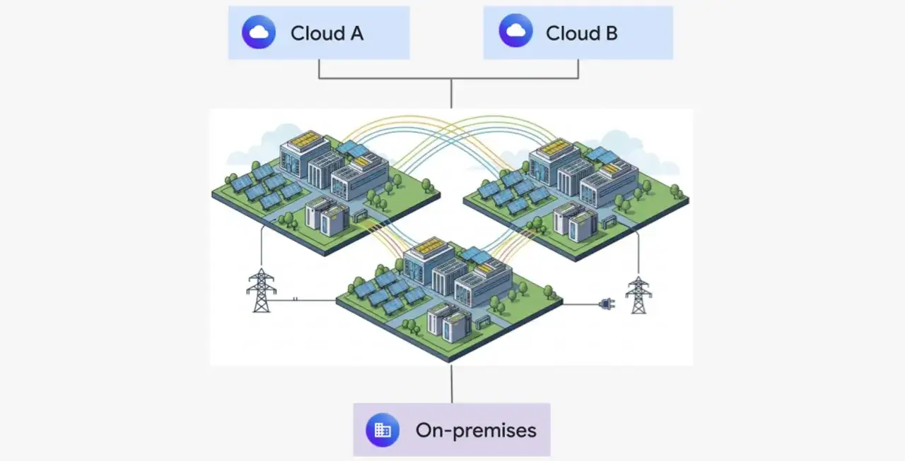 Architettura ibrida: i dati risiedono in Cloud A, Cloud B e on-premises, collegati tra loro.
