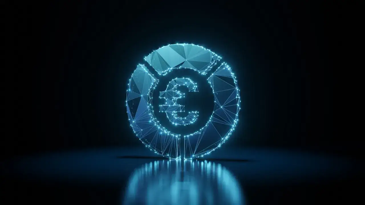 Simbolo dell'euro digitale, un cerchio luminoso blu con un contorno poligonale e il simbolo dell'euro al centro.
