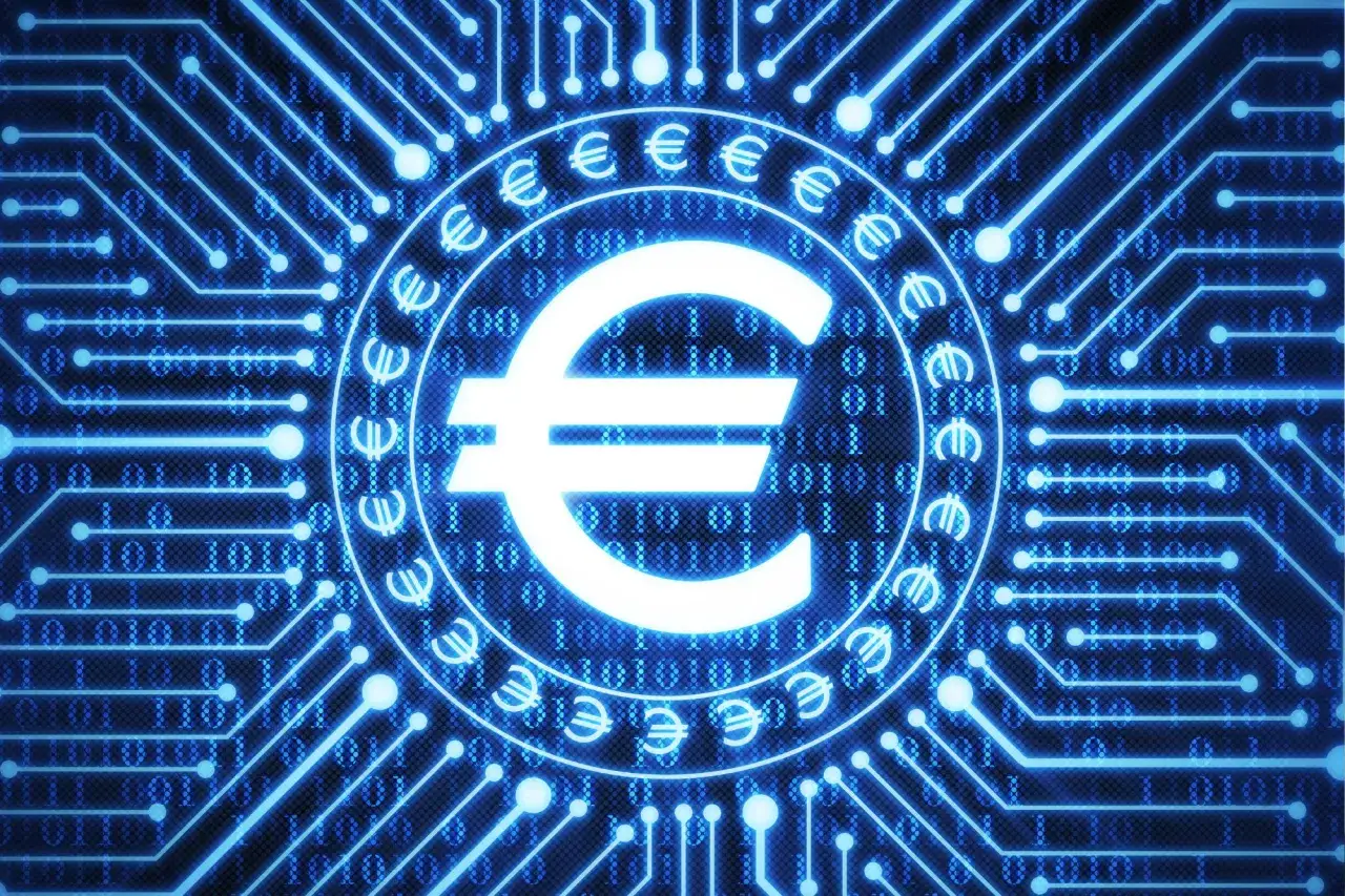 Simbolo dell'euro su sfondo blu con circuiti e codice binario, rappresenta il futuro dell'euro digitale.