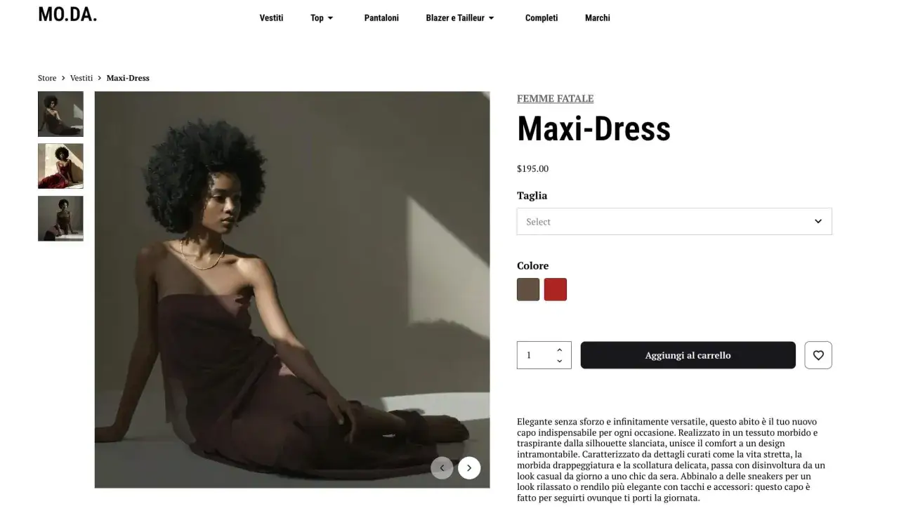 Maxi-Dress Femme Fatale in tessuto morbido. Descrizione prodotto: abito versatile, ideale per ogni occasione, con dettagli curati.