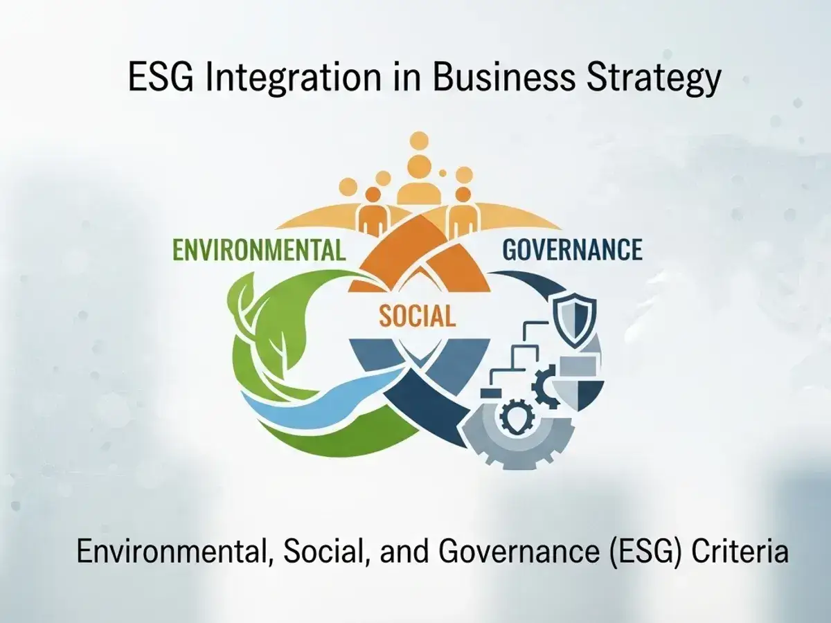 Diagramma che illustra l'integrazione dei criteri ESG (Ambientali, Sociali e di Governance) nella strategia aziendale, con icone che rappresentano sostenibilità, persone e gestione.