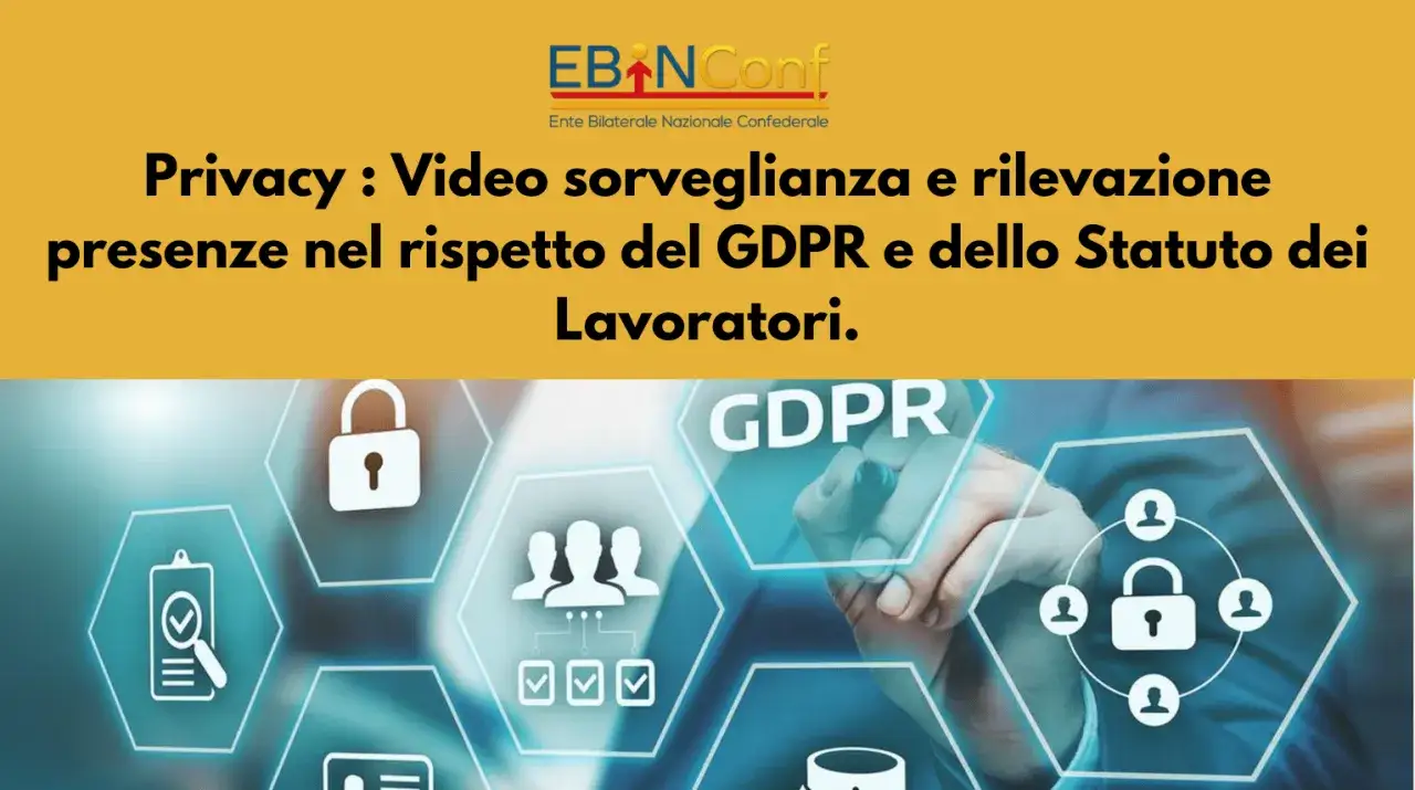 Immagine illustra la violazione della privacy sul posto di lavoro con icone di sorveglianza e GDPR.