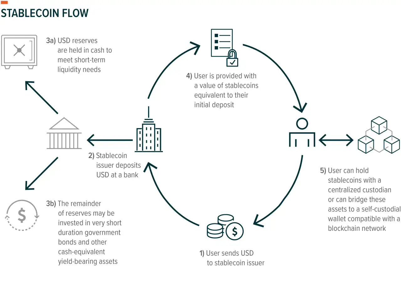 Flusso stablecoin: cosa sono. Un utente invia USD all'emittente, che li deposita in banca. L'utente riceve stablecoin equivalenti.