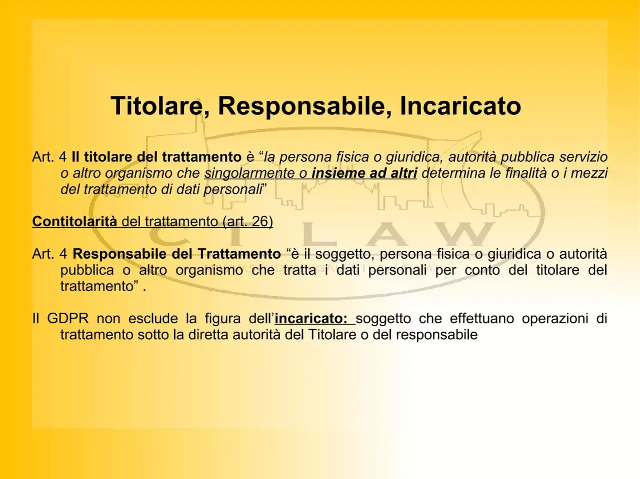 Titolo: Titolare, Responsabile, Incaricato. Art. 4 definisce il titolare del trattamento, il responsabile e l'incaricato secondo il GDPR.