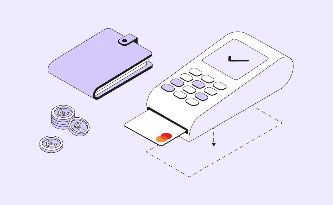 Portafoglio, monete e POS. Pagamento con carta, ideale per chi non è obbligatorio il POS.