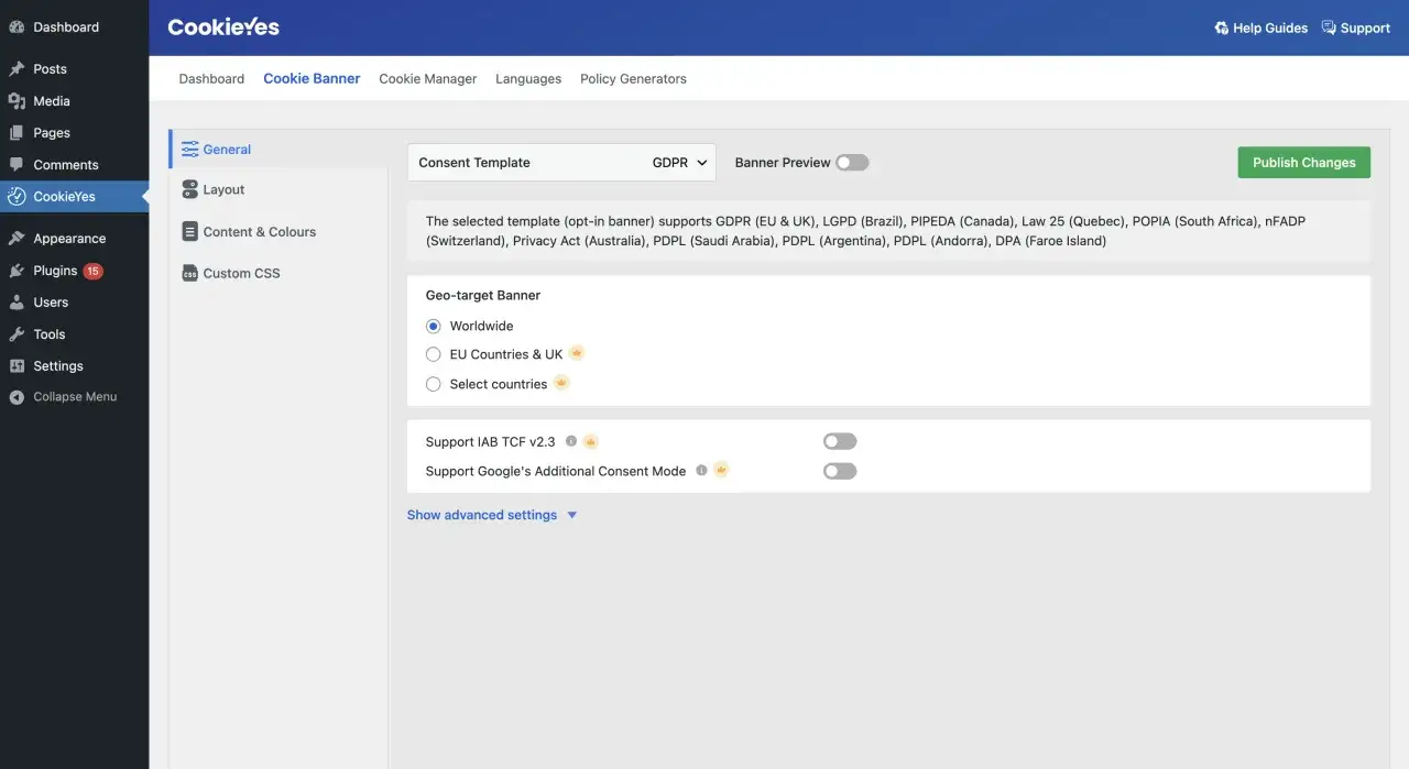 Impostazioni per il consenso dei cookie: opzioni per il targeting geografico e il supporto per Google's Additional Consent Mode v2.