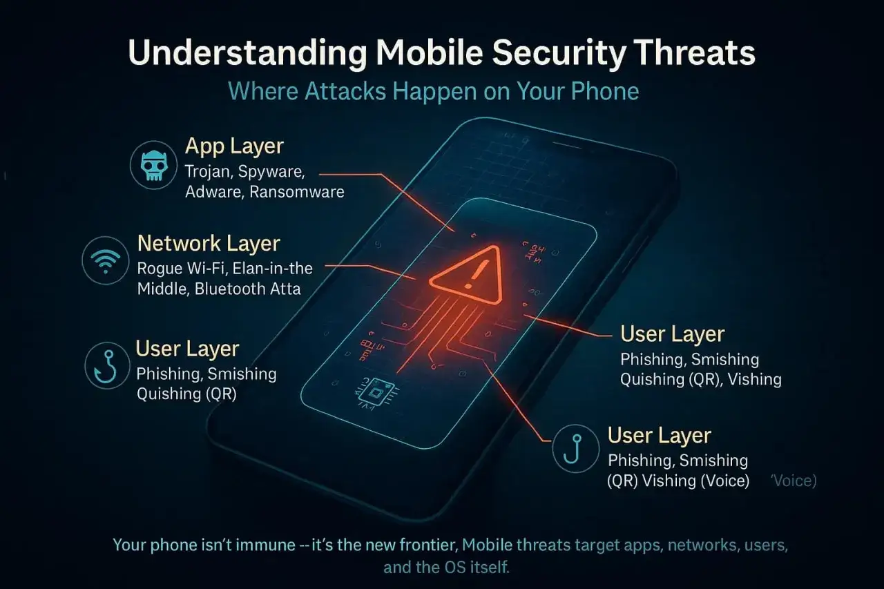 Schema di attacco mobile: trojan, spyware, phishing e intercettazioni. Come accorgersi delle minacce su app, rete e utente.