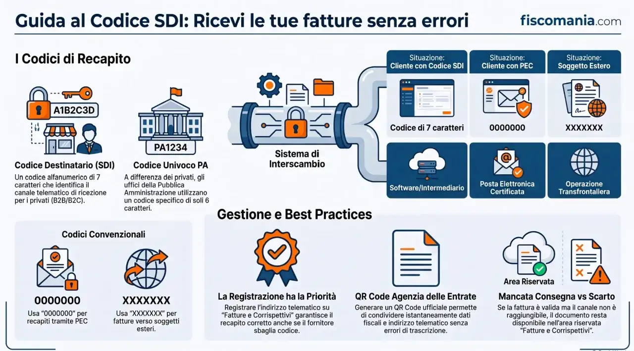 Guida al Codice SDI: ricevi fatture senza errori. Il Codice Destinatario (SDI) è un codice alfanumerico di 7 caratteri per la ricezione fatture.