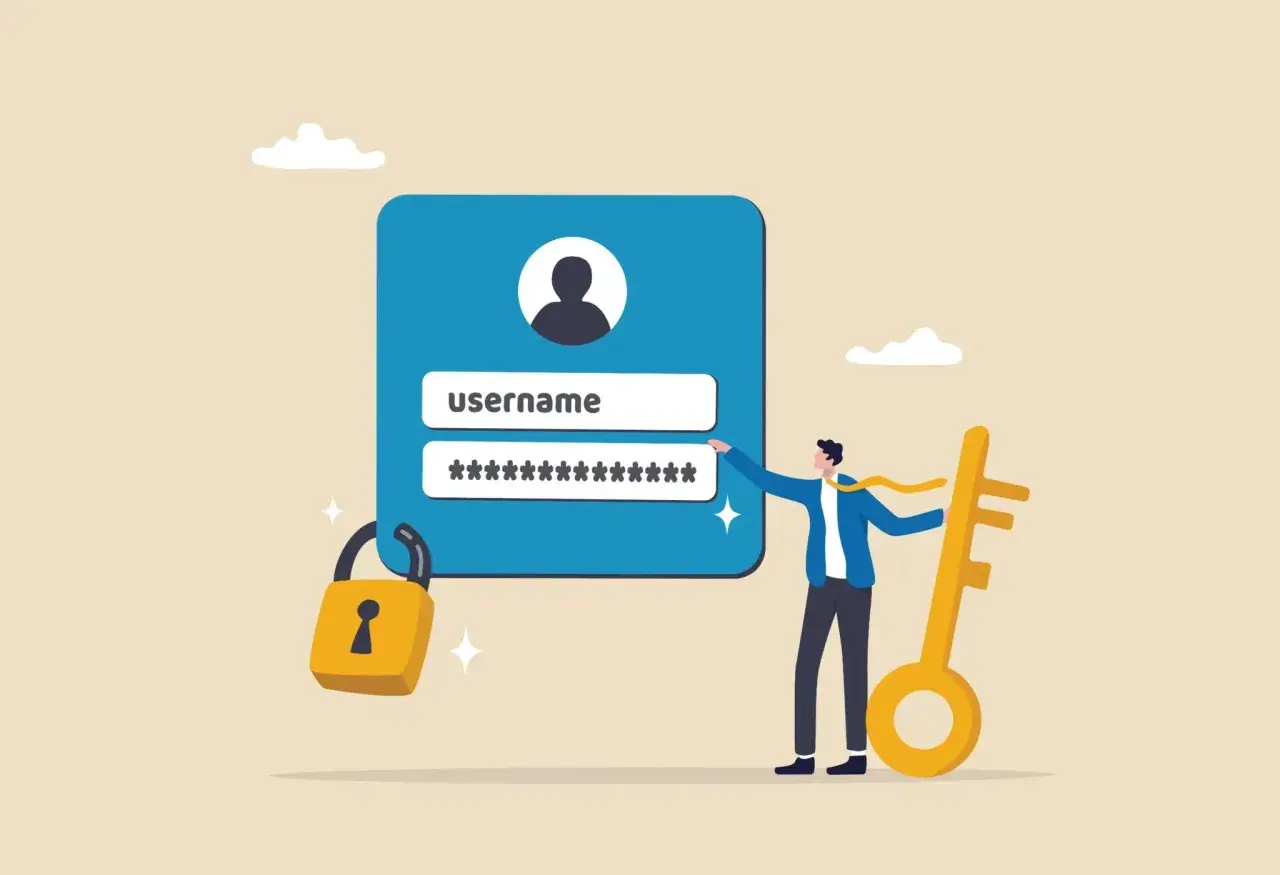 Un uomo con una chiave gigante accanto a un modulo di accesso. Il lucchetto indica la sicurezza delle password originali.