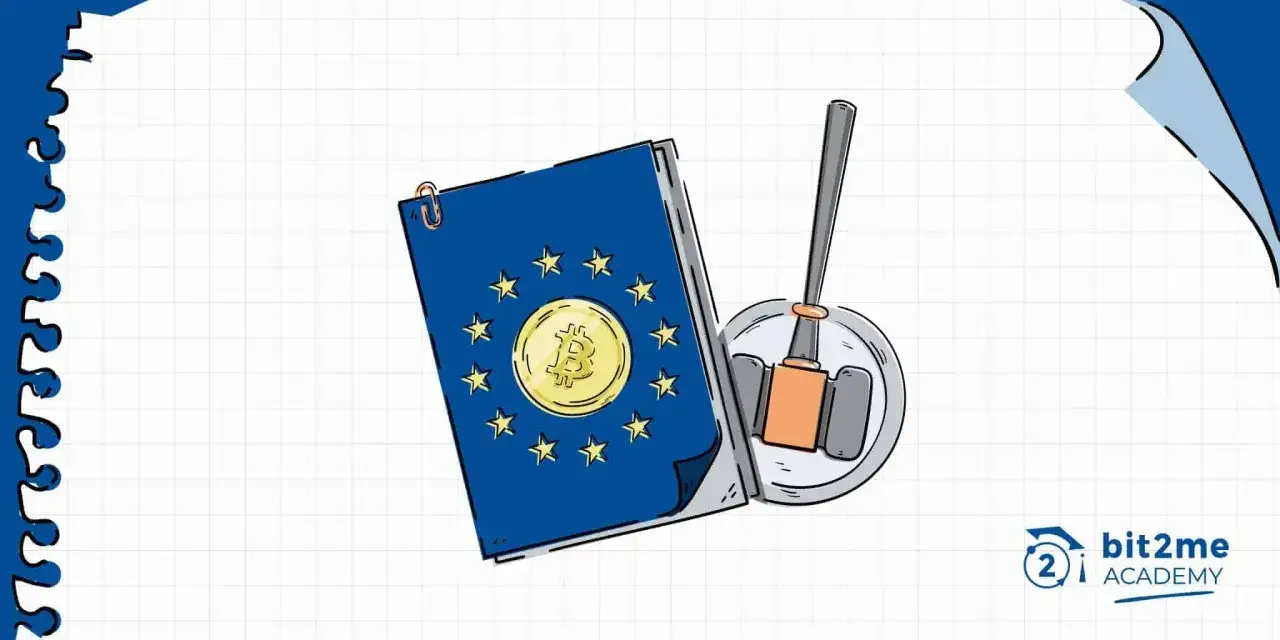 Libro blu con stelle e Bitcoin, accanto a un martelletto da giudice. Il regolamento mica è pronto per essere discusso.
