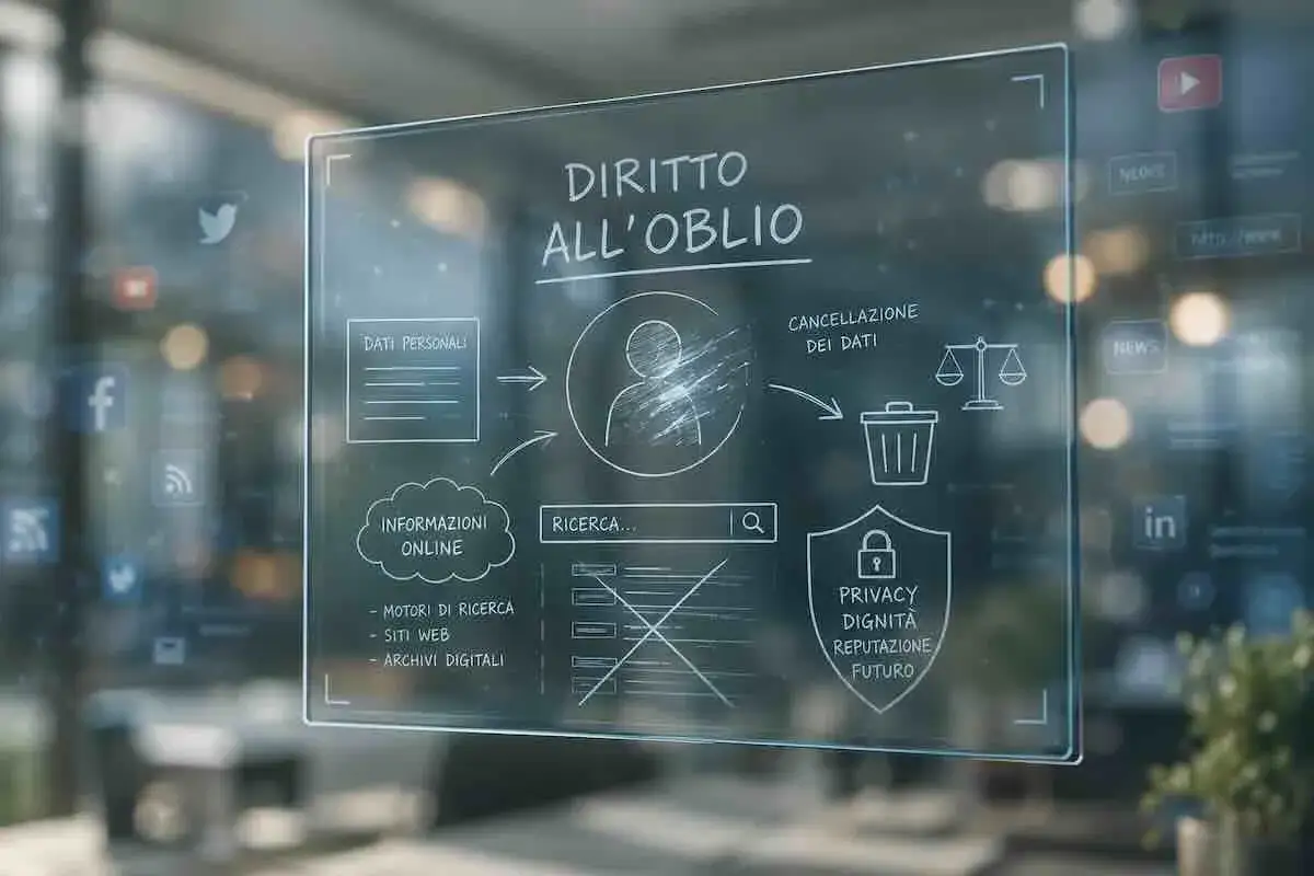 Schema sul diritto all'oblio: dati personali, informazioni online, ricerca e cancellazione dei dati per proteggere privacy, dignit&agrave; e reputazione futura.