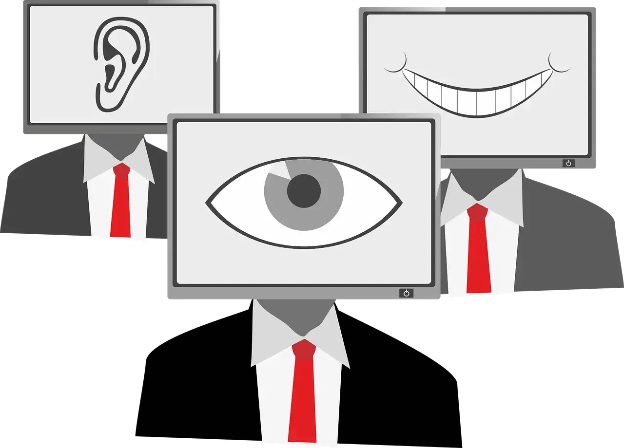 Uomini con schermi al posto della testa: uno con un occhio, uno con un orecchio, uno con un sorriso. Simboleggiano il tracciamento cross-site e la sorveglianza digitale.