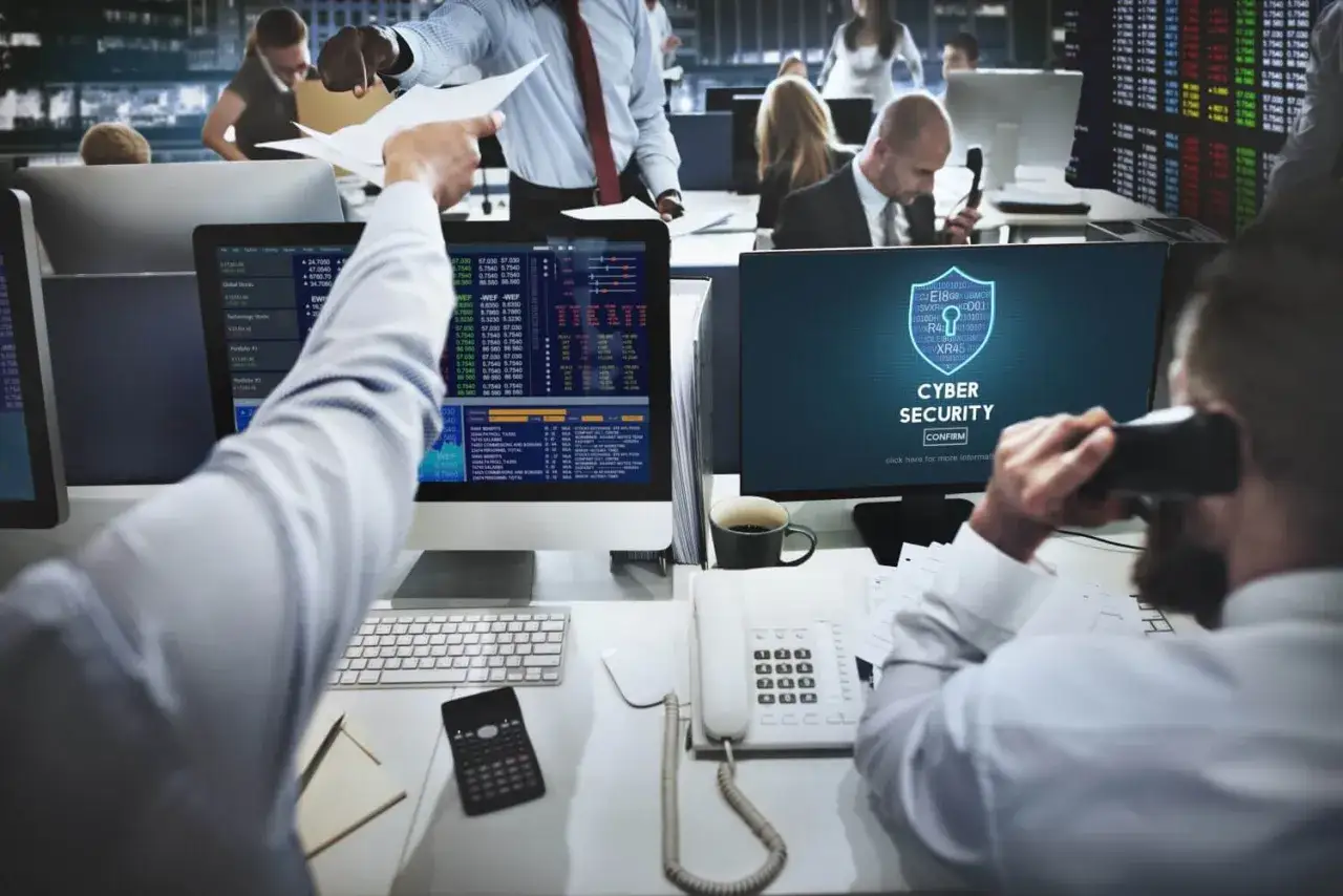 Ufficio con schermi che mostrano dati finanziari e un avviso di