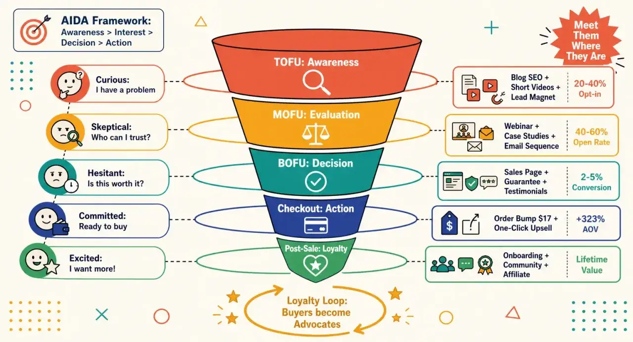 Il funnel di vendita illustra il percorso del cliente: dalla consapevolezza (TOFU) alla decisione (BOFU), fino all'azione e alla fedeltà.