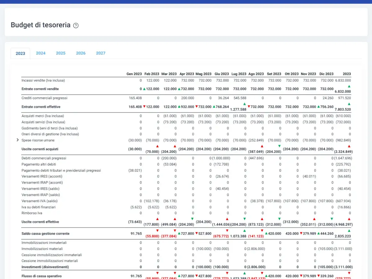 Budget di tesoreria con dati finanziari mensili. Il responsabile tesoreria analizza entrate e uscite correnti.