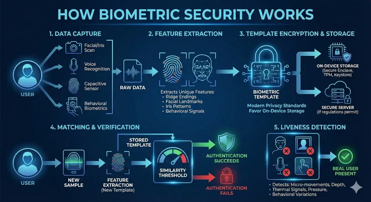 Schema illustra come i dati biometrici e sicurezza funzionano: cattura, estrazione, crittografia, verifica e rilevamento di vivacità.