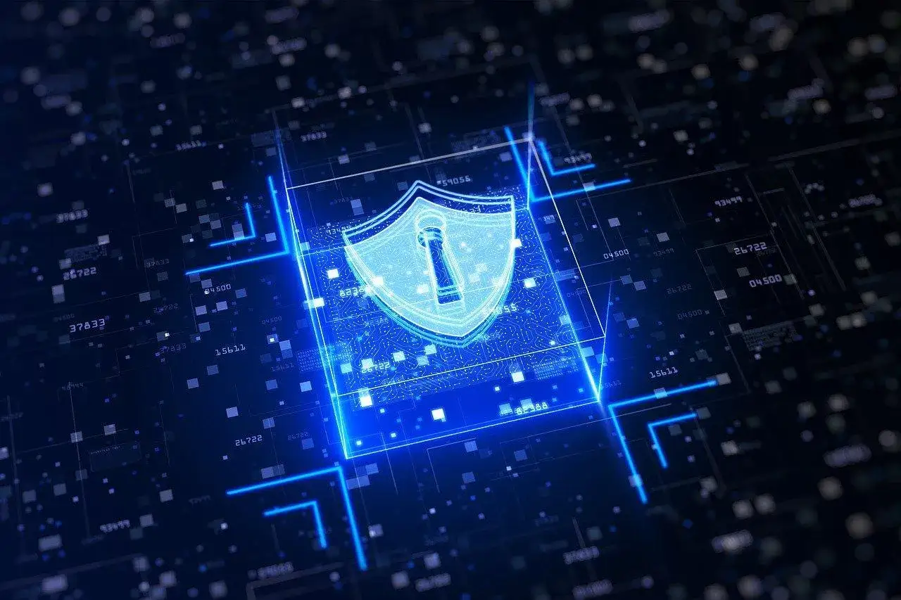 Scudo digitale luminoso con lucchetto, simbolo di sicurezza informatica e rispetto del regolamento DORA. Dati e codici fluiscono sullo sfondo.