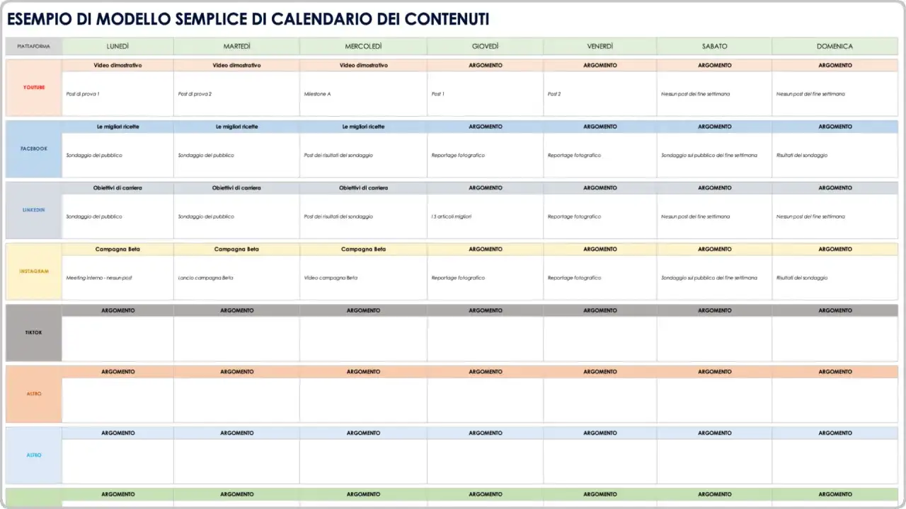 Calendario contenuti social: pianifica video, post, sondaggi e reportage per YouTube, Facebook, Instagram e altri.