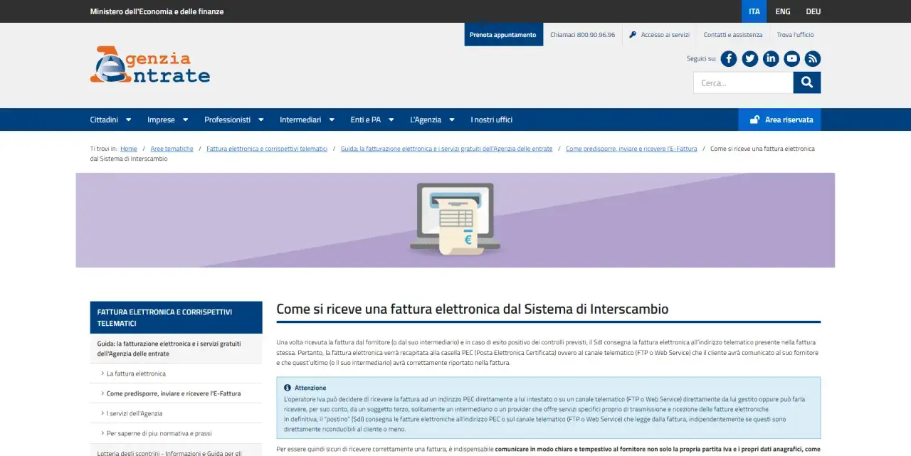 Pagina dell'Agenzia delle Entrate: il codice univoco e il codice destinatario sono la stessa cosa per ricevere fatture elettroniche.