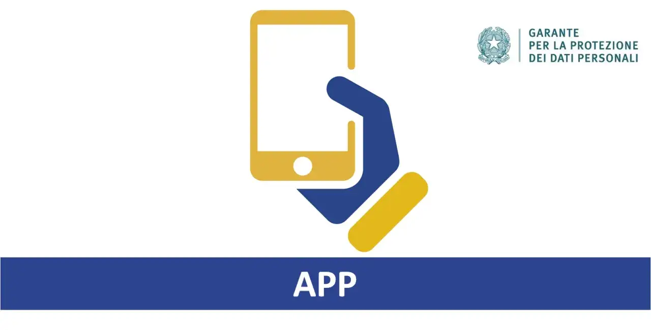 Mano che tiene uno smartphone, simbolo di app e privacy online. Logo del Garante per la Protezione dei Dati Personali.