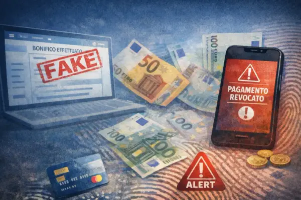 Laptop con "BONIFICO EFFETTUATO" e timbro "FAKE". Denaro, carta di credito e smartphone con "PAGAMENTO REVOCATO" indicano una truffa, un bonifico falso.