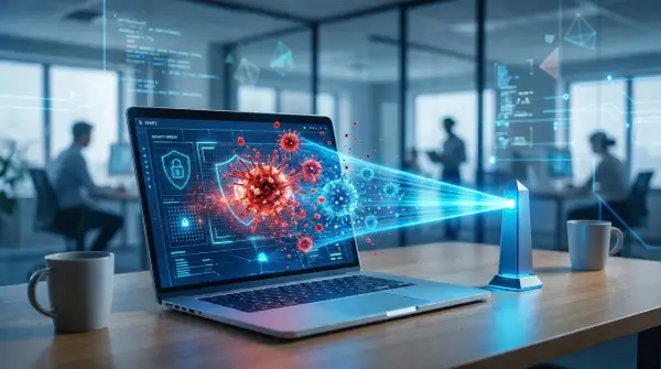 Schermo di un laptop mostra un'interfaccia di sicurezza con virus digitali. Un fascio di luce blu colpisce i virus, simboleggiando la protezione. Capire cos'è un rootkit è fondamentale per la cybersecurity.