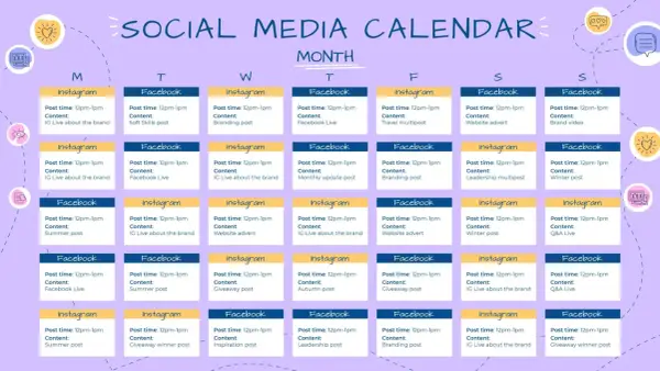 Calendario social con piano editoriale per ogni giorno e piattaforma (Facebook, Instagram).